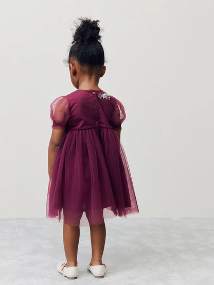 |Girl| Vestido De Festa Em Malha Bordada Vermelho Berry (3 meses a 10 anos)