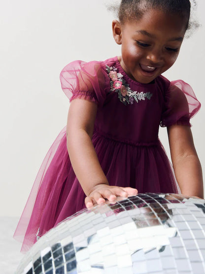 |Girl| Vestido De Festa Em Malha Bordada Vermelho Berry (3 meses a 10 anos)