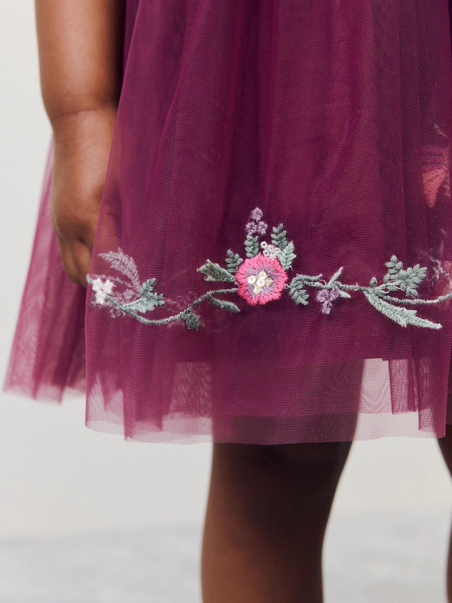 |Girl| Vestido De Festa Em Malha Bordada Vermelho Berry (3 meses a 10 anos)