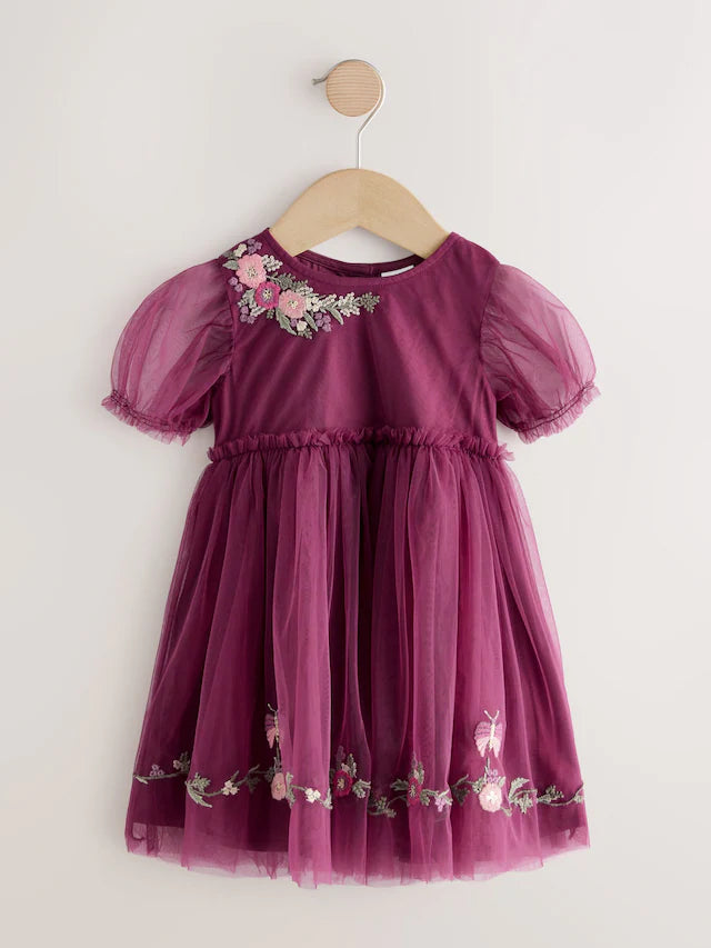 |Girl| Vestido De Festa Em Malha Bordada Vermelho Berry (3 meses a 10 anos)