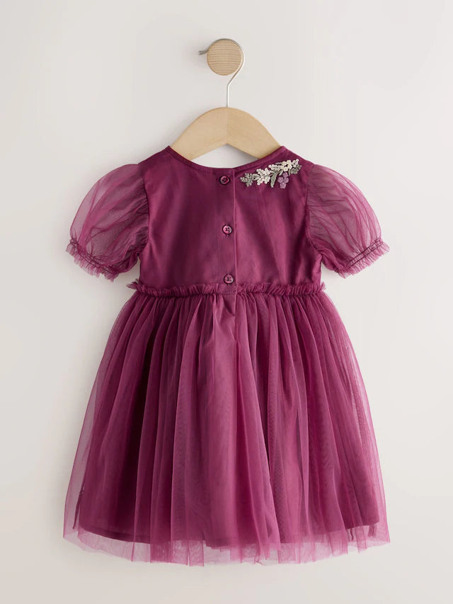 |Girl| Vestido De Festa Em Malha Bordada Vermelho Berry (3 meses a 10 anos)