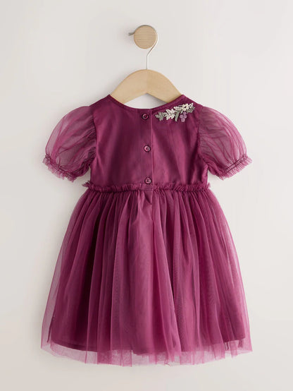 |Girl| Vestido De Festa Em Malha Bordada Vermelho Berry (3 meses a 10 anos)