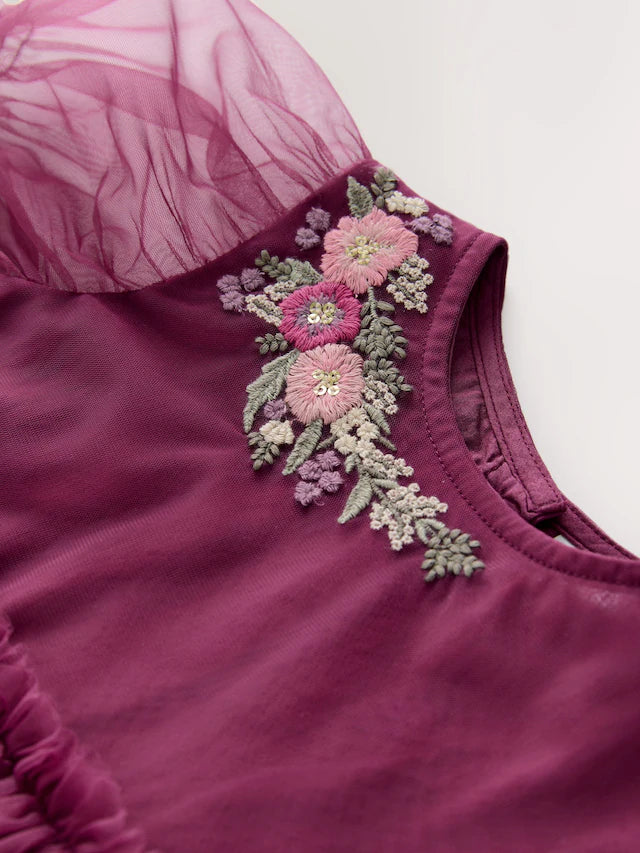 |Girl| Vestido De Festa Em Malha Bordada Vermelho Berry (3 meses a 10 anos)