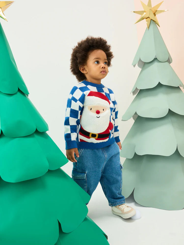 |Boy| Suéter De Natal Em Tricô Azul Cobalto Com Papai Noel (3 meses a 7 anos)