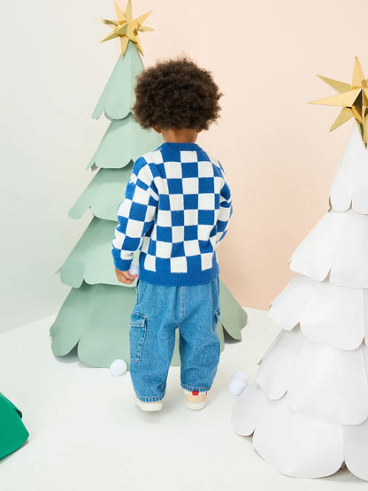 |Boy| Suéter De Natal Em Tricô Azul Cobalto Com Papai Noel (3 meses a 7 anos)