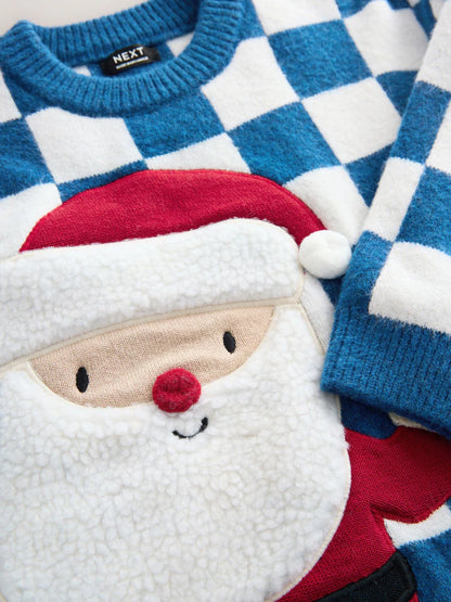 |Boy| Suéter De Natal Em Tricô Azul Cobalto Com Papai Noel (3 meses a 7 anos)