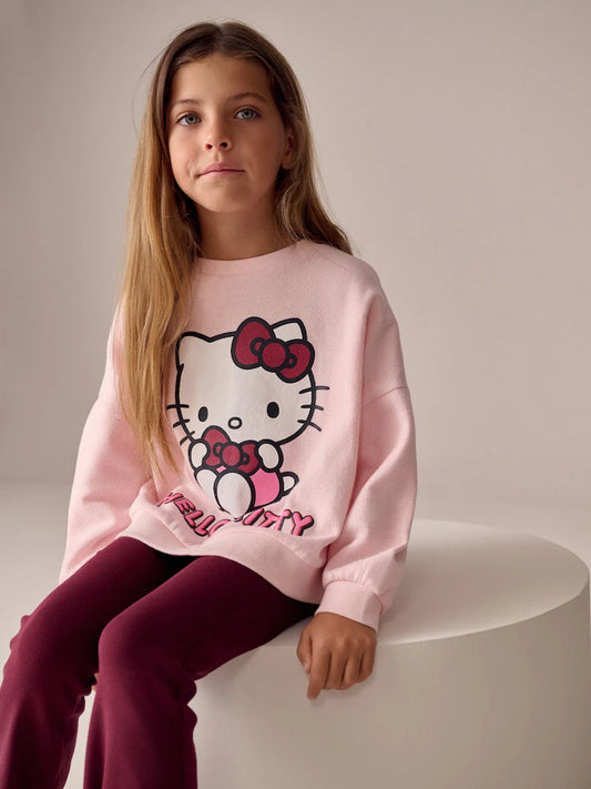 |BigGirl| Moletom Canelado Aconchegante De Manga Comprida Hello Kitty Rosa (3-16 anos)