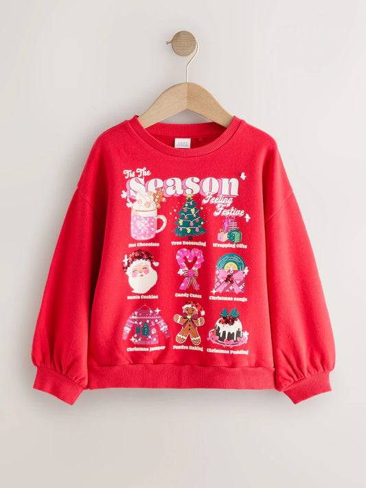 |BigGirl| Moletom Com Capuz Vermelho Tis The Season Festive Icons Christmas (3-16 anos)