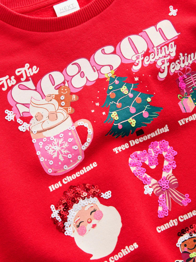 |BigGirl| Moletom Com Capuz Vermelho Tis The Season Festive Icons Christmas (3-16 anos)