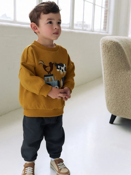 |Boy| Conjunto De Moletom e Calça Jogger Com Apliques De Fazenda Amarelo Ocre/Carvão (3 meses a 7 anos)
