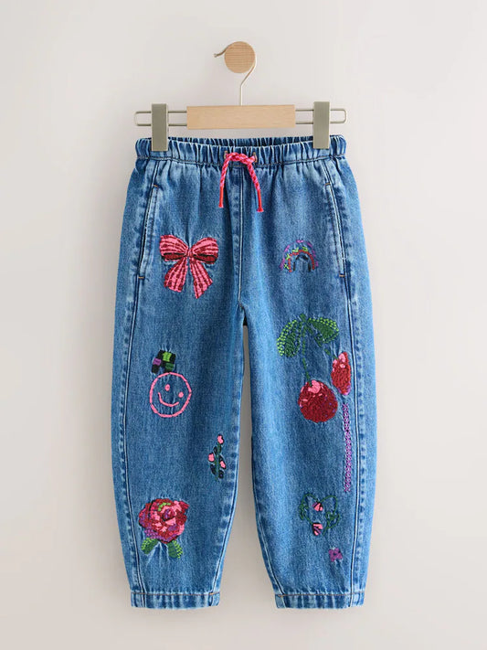 |BigGirl| Calça Jeans Azul-Escuro Bordada Com Barra Reta (3-16 anos)