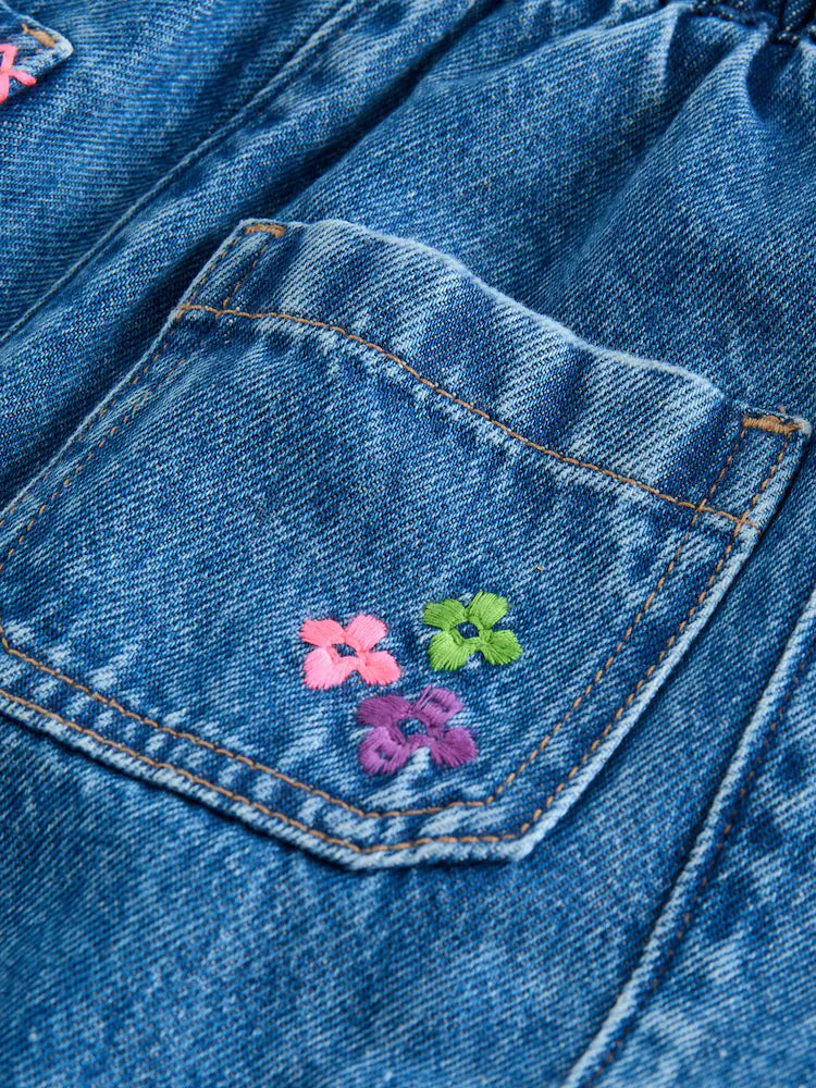 |BigGirl| Calça Jeans Azul-Escuro Bordada Com Barra Reta (3-16 anos)