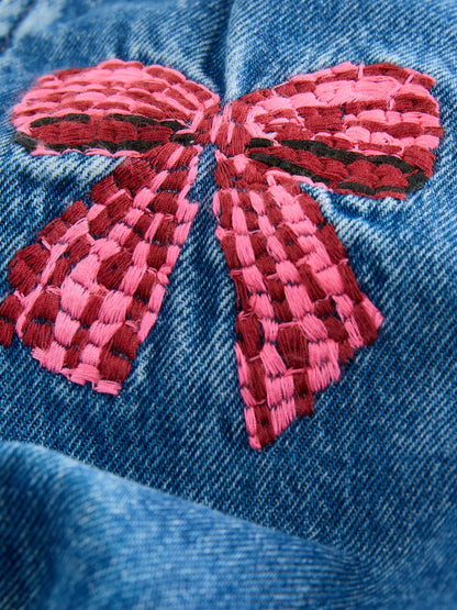 |BigGirl| Calça Jeans Azul-Escuro Bordada Com Barra Reta (3-16 anos)