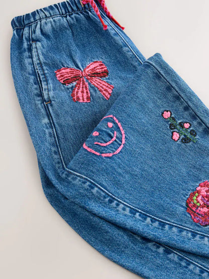 |BigGirl| Calça Jeans Azul-Escuro Bordada Com Barra Reta (3-16 anos)