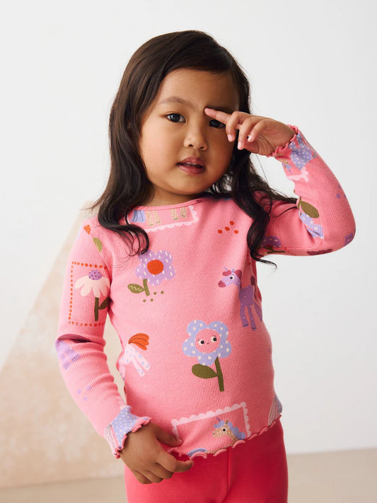 |Girl| Camiseta De Manga Comprida Com Estampa De Unicórnio Rosa Canelado (3 meses a 7 anos)