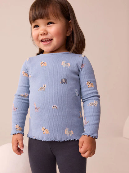 |Girl| Camiseta Manga Comprida Canelada Azul (3 meses a 7 anos)