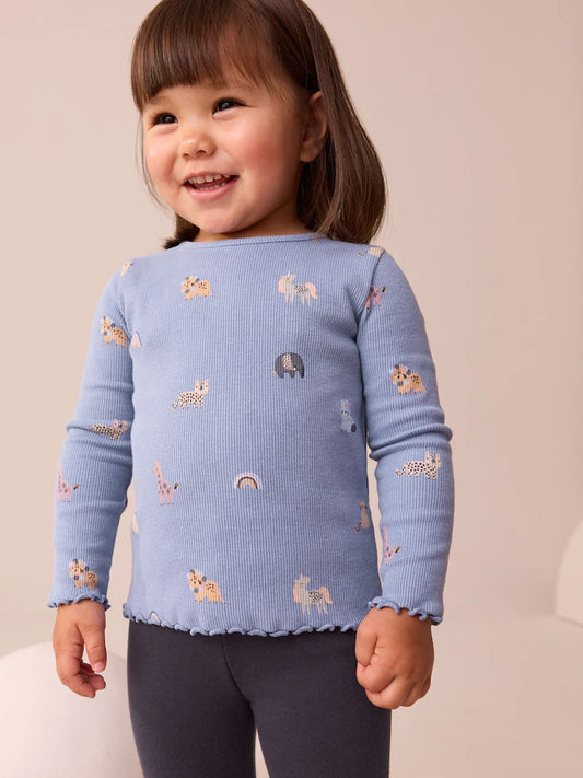 |Girl| Camiseta Manga Comprida Canelada Azul (3 meses a 7 anos)