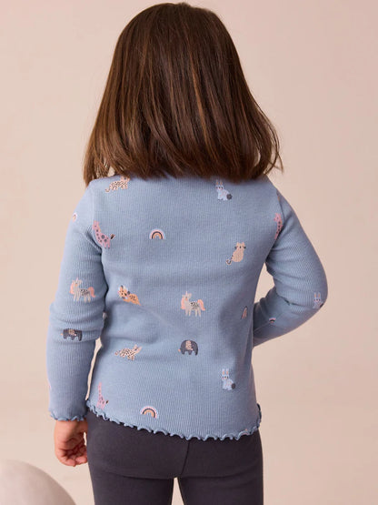 |Girl| Camiseta Manga Comprida Canelada Azul (3 meses a 7 anos)