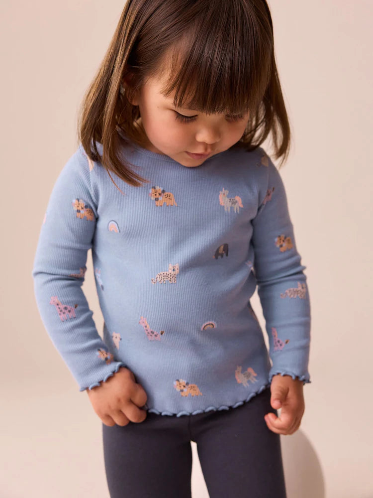 |Girl| Camiseta Manga Comprida Canelada Azul (3 meses a 7 anos)