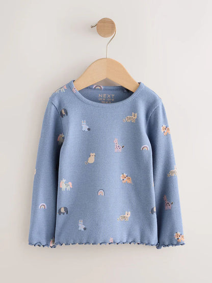 |Girl| Camiseta Manga Comprida Canelada Azul (3 meses a 7 anos)