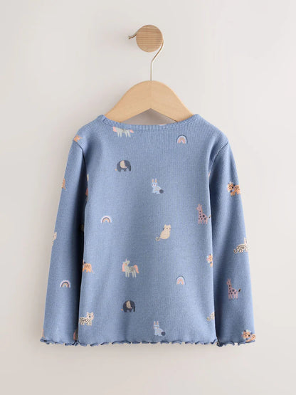 |Girl| Camiseta Manga Comprida Canelada Azul (3 meses a 7 anos)