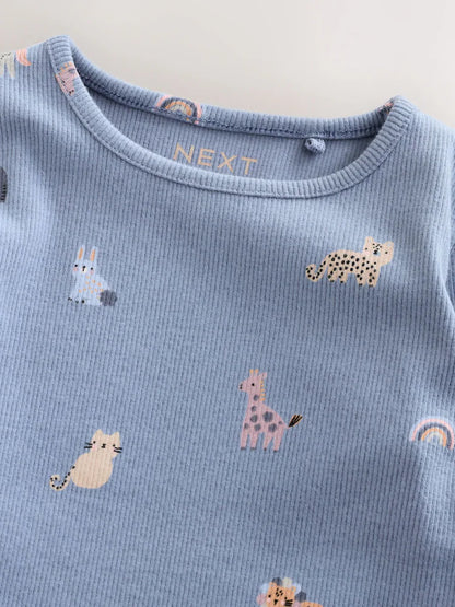 |Girl| Camiseta Manga Comprida Canelada Azul (3 meses a 7 anos)