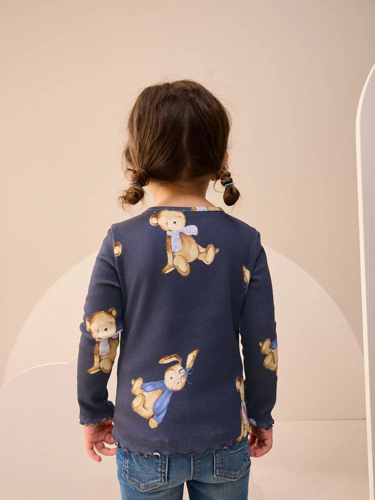 |Girl| Camiseta De Manga Comprida Com Estampa De Urso Azul Marinho (3 meses a 7 anos)