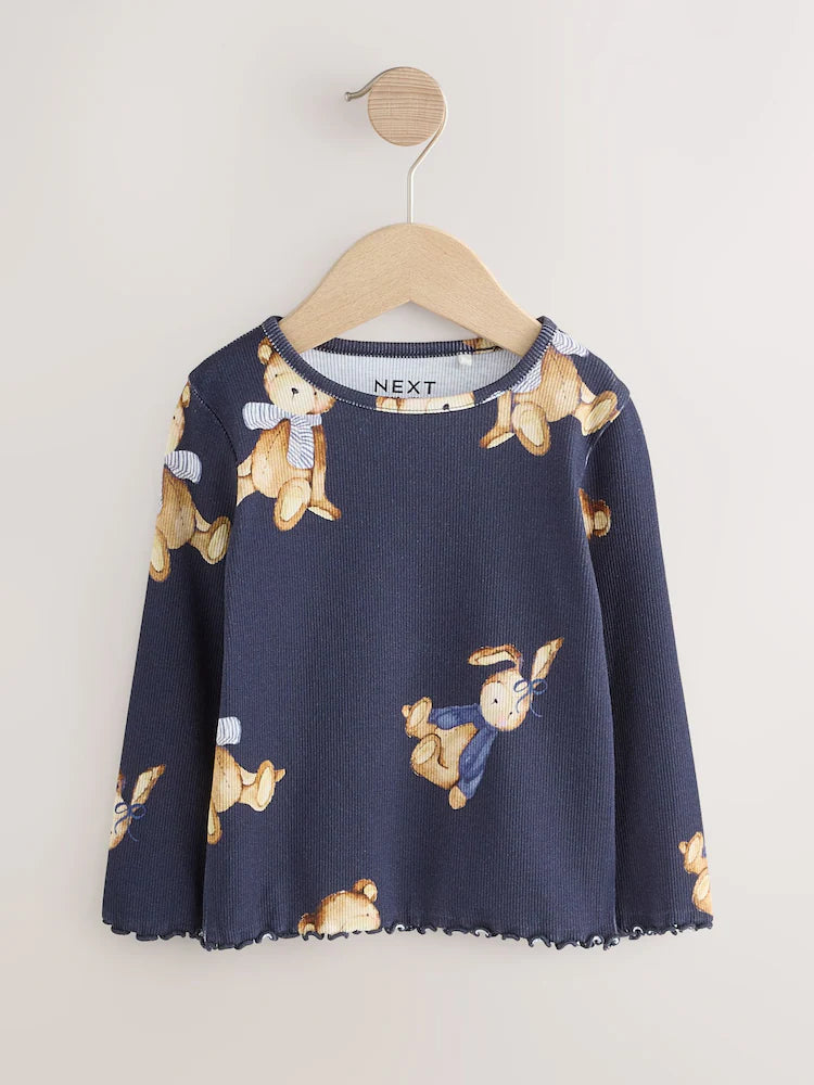 |Girl| Camiseta De Manga Comprida Com Estampa De Urso Azul Marinho (3 meses a 7 anos)