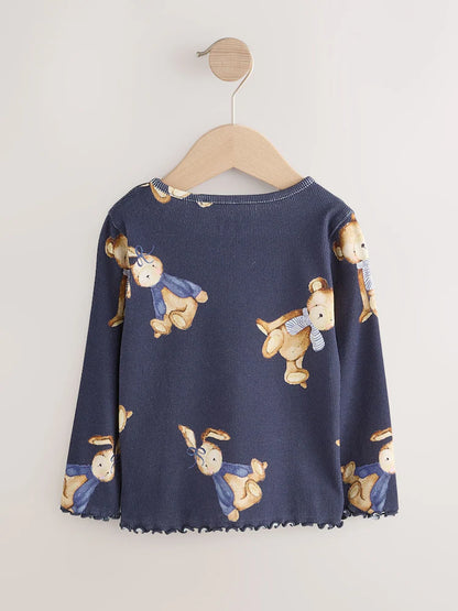 |Girl| Camiseta De Manga Comprida Com Estampa De Urso Azul Marinho (3 meses a 7 anos)