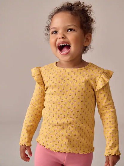 |Girl| Camiseta De Manga Comprida Canelada Com Estampa Floral Amarelo Ocre (3 meses a 7 anos)