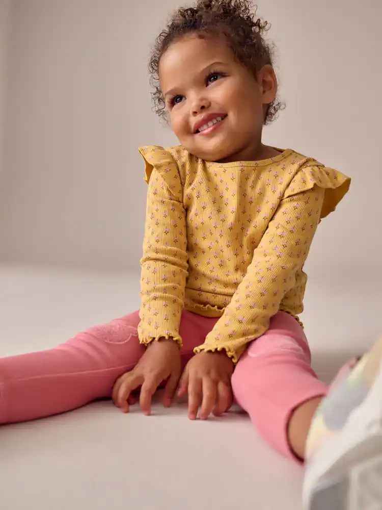 |Girl| Camiseta De Manga Comprida Canelada Com Estampa Floral Amarelo Ocre (3 meses a 7 anos)