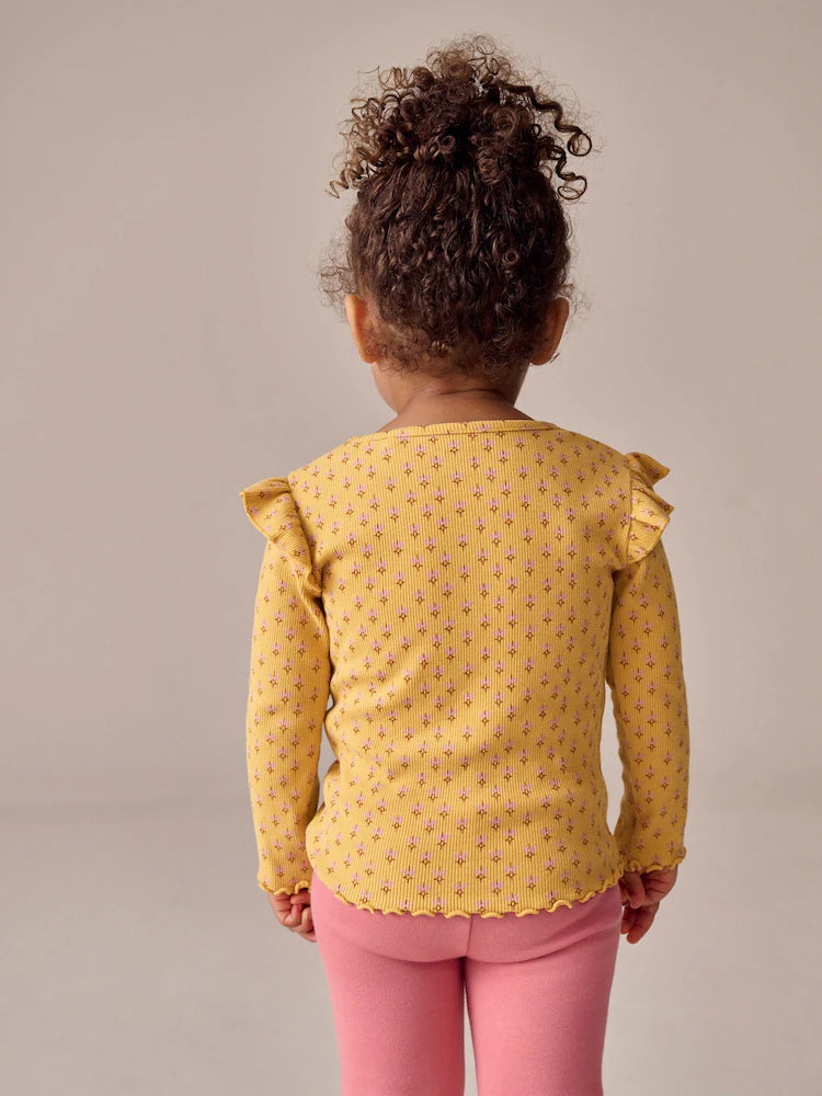 |Girl| Camiseta De Manga Comprida Canelada Com Estampa Floral Amarelo Ocre (3 meses a 7 anos)