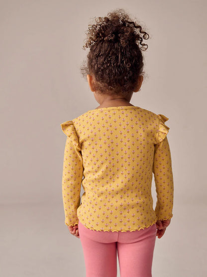 |Girl| Camiseta De Manga Comprida Canelada Com Estampa Floral Amarelo Ocre (3 meses a 7 anos)