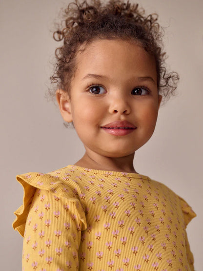 |Girl| Camiseta De Manga Comprida Canelada Com Estampa Floral Amarelo Ocre (3 meses a 7 anos)