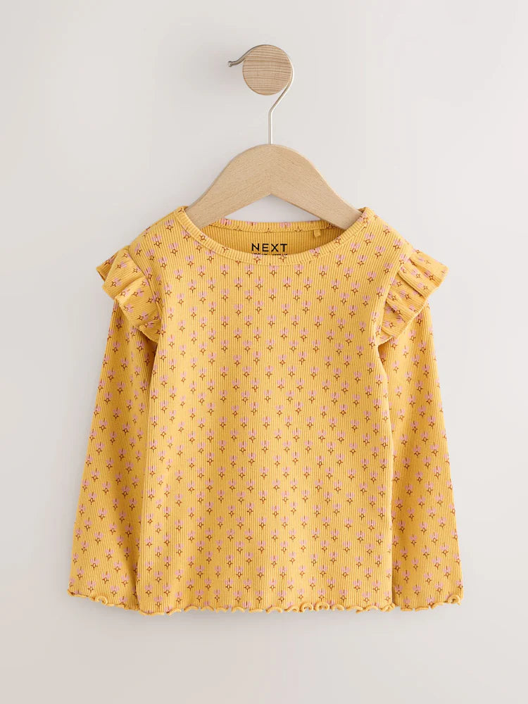 |Girl| Camiseta De Manga Comprida Canelada Com Estampa Floral Amarelo Ocre (3 meses a 7 anos)