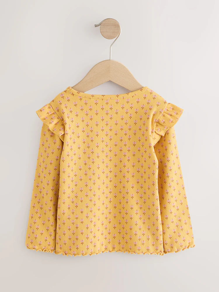|Girl| Camiseta De Manga Comprida Canelada Com Estampa Floral Amarelo Ocre (3 meses a 7 anos)