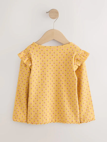 |Girl| Camiseta De Manga Comprida Canelada Com Estampa Floral Amarelo Ocre (3 meses a 7 anos)
