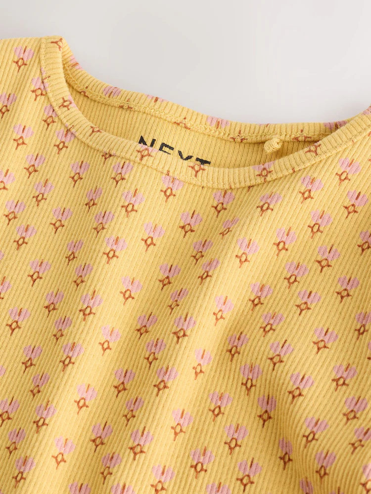 |Girl| Camiseta De Manga Comprida Canelada Com Estampa Floral Amarelo Ocre (3 meses a 7 anos)