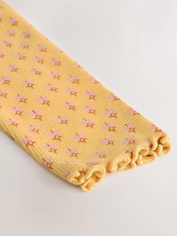 |Girl| Camiseta De Manga Comprida Canelada Com Estampa Floral Amarelo Ocre (3 meses a 7 anos)