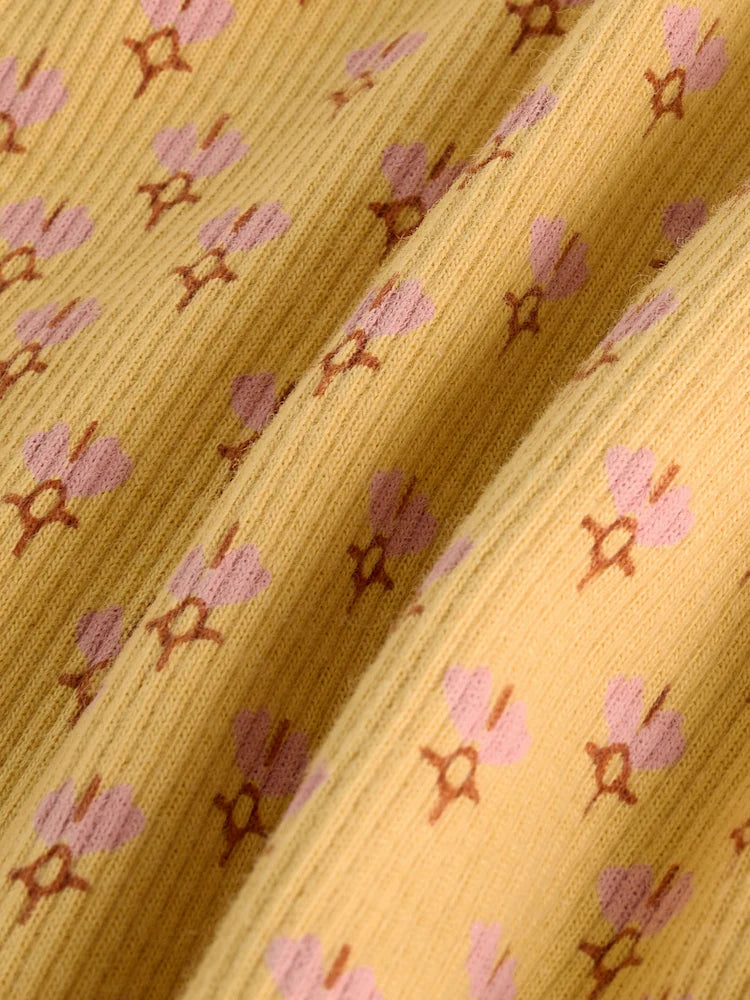 |Girl| Camiseta De Manga Comprida Canelada Com Estampa Floral Amarelo Ocre (3 meses a 7 anos)