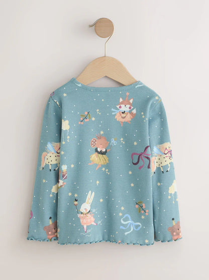 |Girl| Camiseta De Manga Comprida Canelada Azul-Petróleo Com Fada (3 meses a 7 anos)