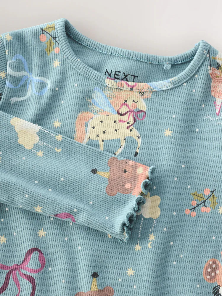 |Girl| Camiseta De Manga Comprida Canelada Azul-Petróleo Com Fada (3 meses a 7 anos)