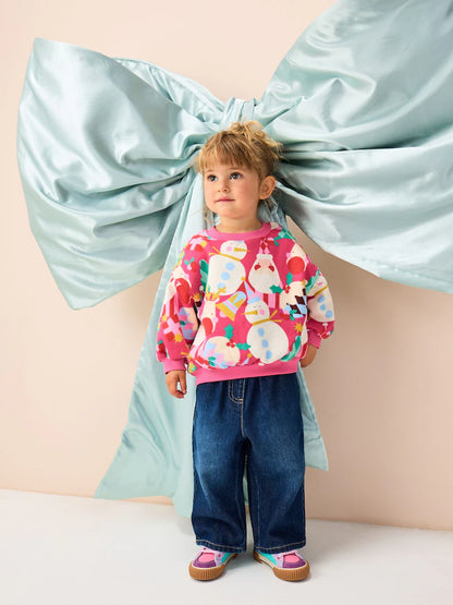 |Girl| Moletom Com Gola Redonda e Estampa De Natal Rosa Brilhante (3 meses a 7 anos)