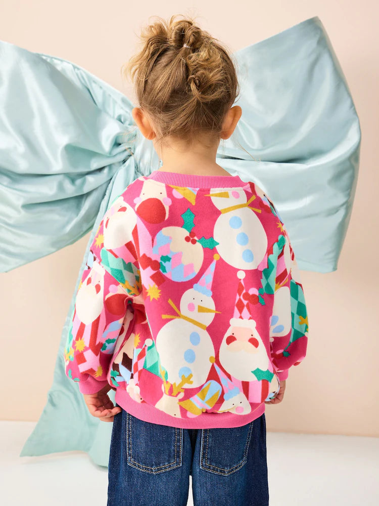 |Girl| Moletom Com Gola Redonda e Estampa De Natal Rosa Brilhante (3 meses a 7 anos)