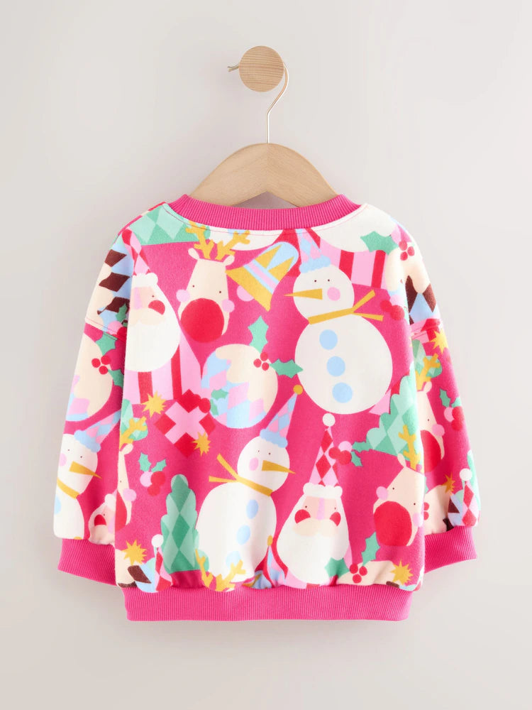 |Girl| Moletom Com Gola Redonda e Estampa De Natal Rosa Brilhante (3 meses a 7 anos)