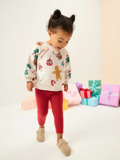 |Girl| Conjunto De Moletom e Leggings Com Estampa De Natal Bege/Vermelho (3 meses a 7 anos)
