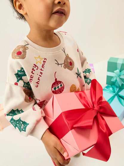 |Girl| Conjunto De Moletom e Leggings Com Estampa De Natal Bege/Vermelho (3 meses a 7 anos)