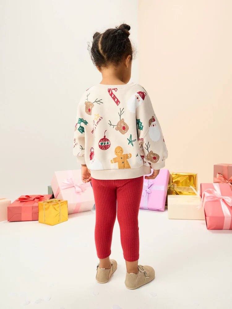 |Girl| Conjunto De Moletom e Leggings Com Estampa De Natal Bege/Vermelho (3 meses a 7 anos)