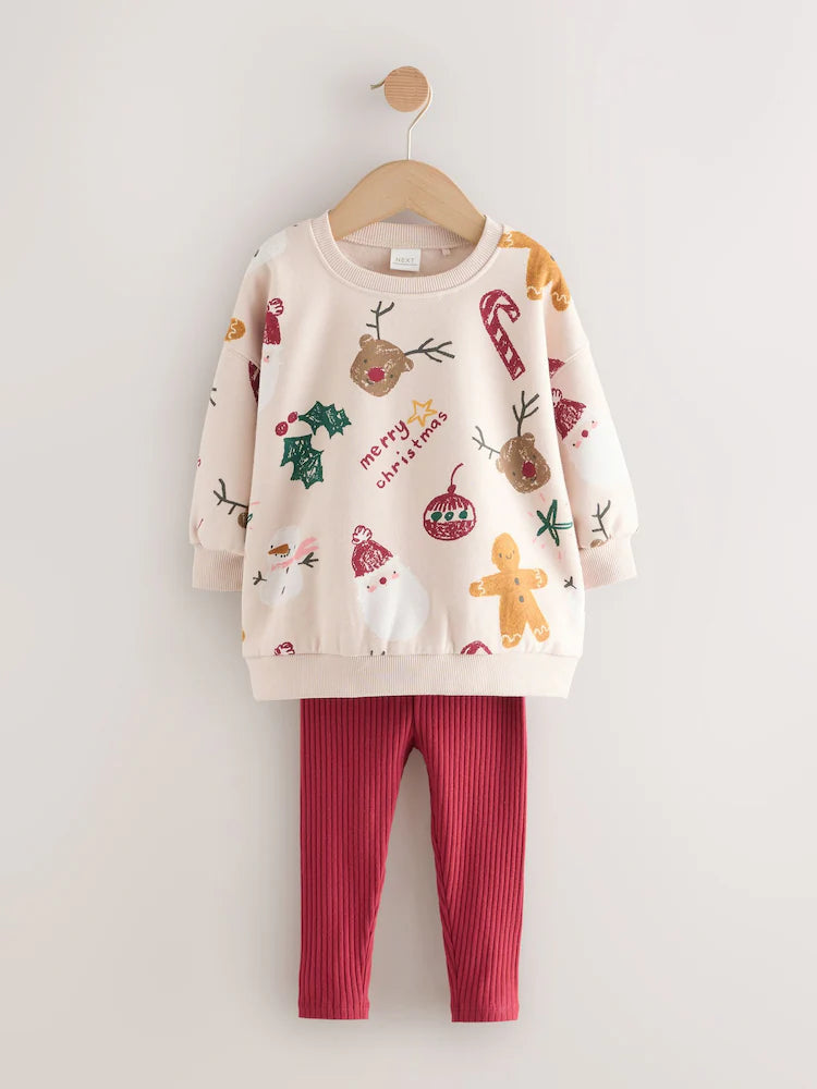 |Girl| Conjunto De Moletom e Leggings Com Estampa De Natal Bege/Vermelho (3 meses a 7 anos)