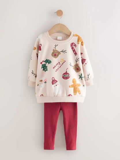 |Girl| Conjunto De Moletom e Leggings Com Estampa De Natal Bege/Vermelho (3 meses a 7 anos)